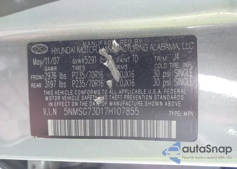 2007 Hyundai Santa Fe Gls из США, поврежденный, VIN 5NMSG73D17H107855